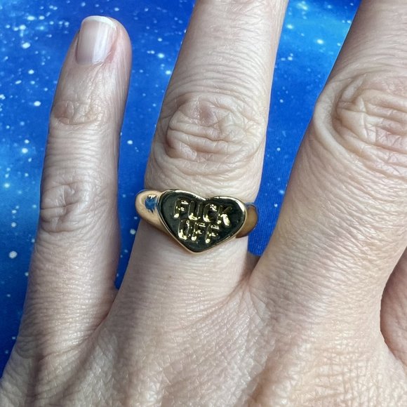FU F*ck Off Gold Heart Shaped Sassy Adjustable Ring NEW - Picture 3 of 6